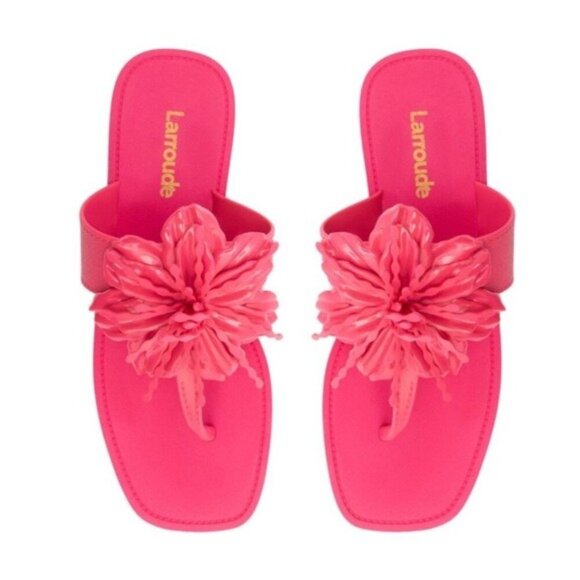 LARROUDE Hibiscus Flower Flip Flop Sandals in Pink Size 6/7 - Picture 1 of 12